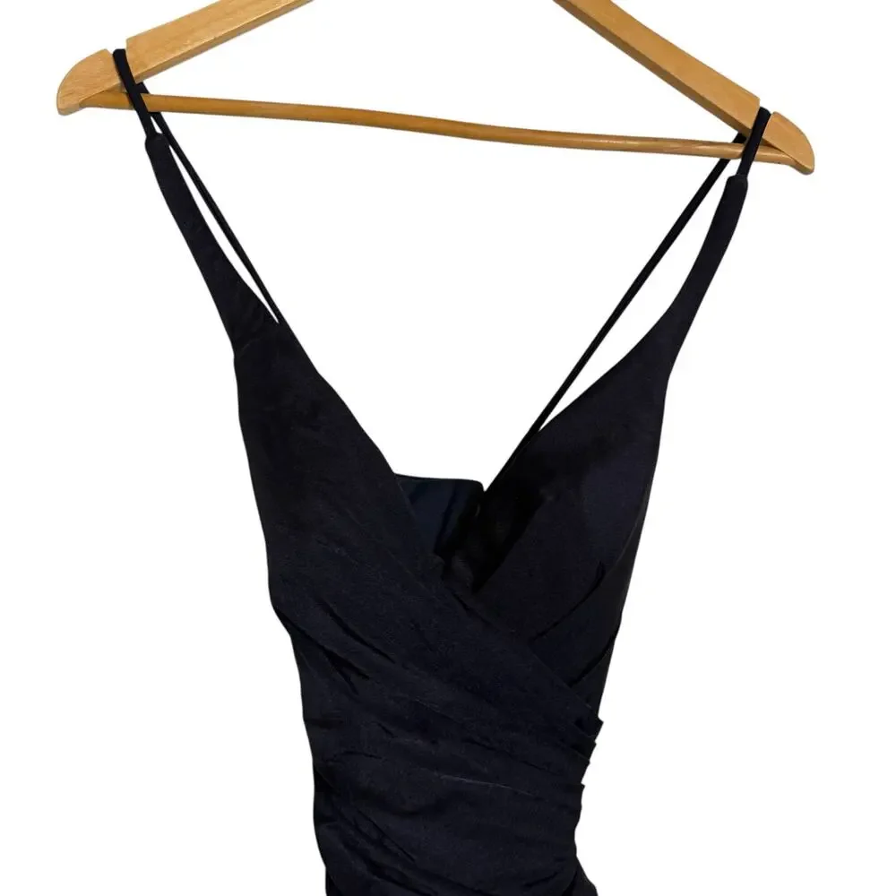 La Femme Navy Ruched Jersey V-Neck Slit Formal Gown Dress Tie Up Back Size 0 - Picture 3 of 9